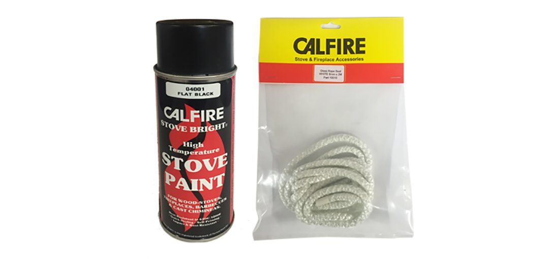 Calfire stove paint spray and fire rope seal kit for maintaining and sealing wood burning stoves and fireplaces.
