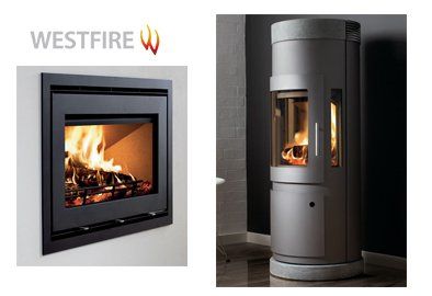 Left: Black, wall-mounted fireplace with burning logs. Right: Gray, cylindrical wood stove with glass door.