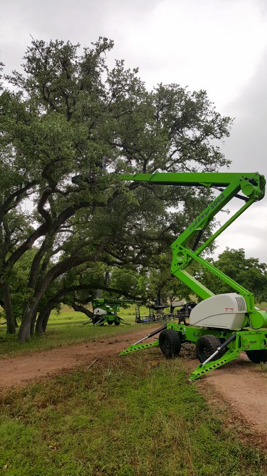 Green cherry picker under a large tree on a dirt path, with overcast sky and grassy ground.