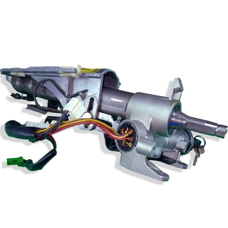 Steering column assembly with ignition and wiring, likely from a vehicle.