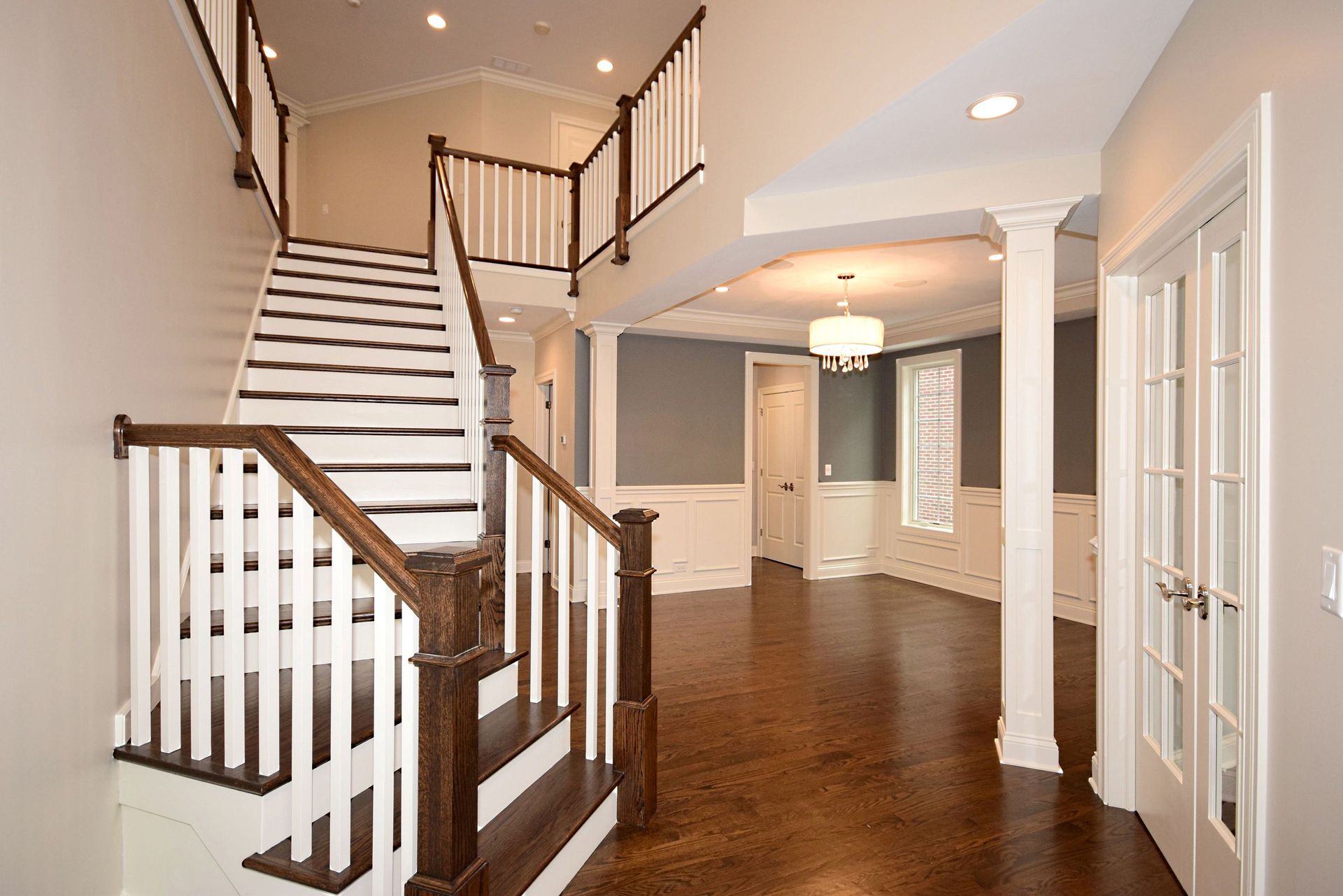 There is a staircase in the middle of the room.