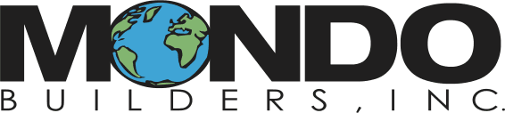 A logo for mondo builders inc. with a globe in the middle