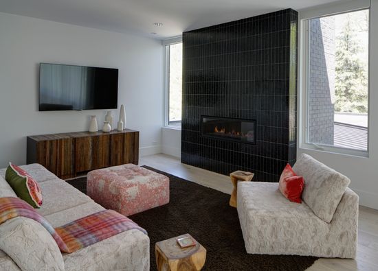 A living room with a fireplace and a flat screen tv