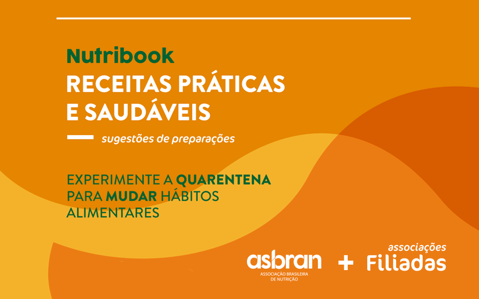 A yellow and orange poster with the words nutribook receitas praticas e saudáveis on it.