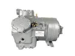 Gray industrial machine component with cylindrical housing and mounted fittings on a white background