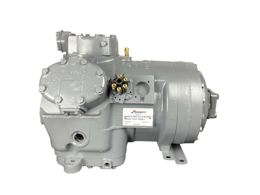 Gray industrial compressor machine with valves and cylindrical housing on a white background