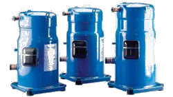 Three blue industrial air compressors or tanks on a white background, lined up side by side