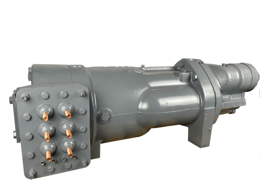 Gray industrial metal component with bolts and a tapered cylindrical end