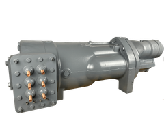 Gray industrial metal assembly with bolted plates and copper fittings on a white background