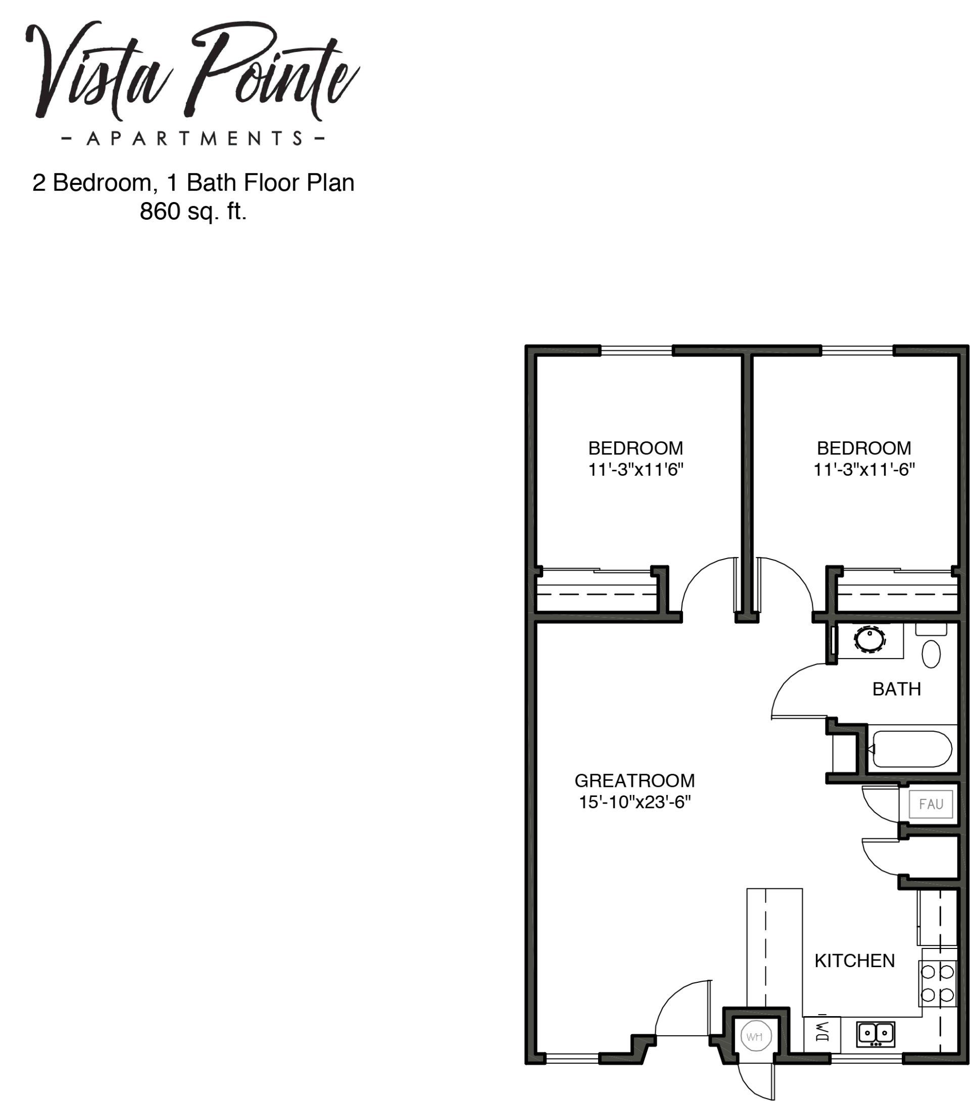 2 Bedroom, 1 Bathroom Apartment