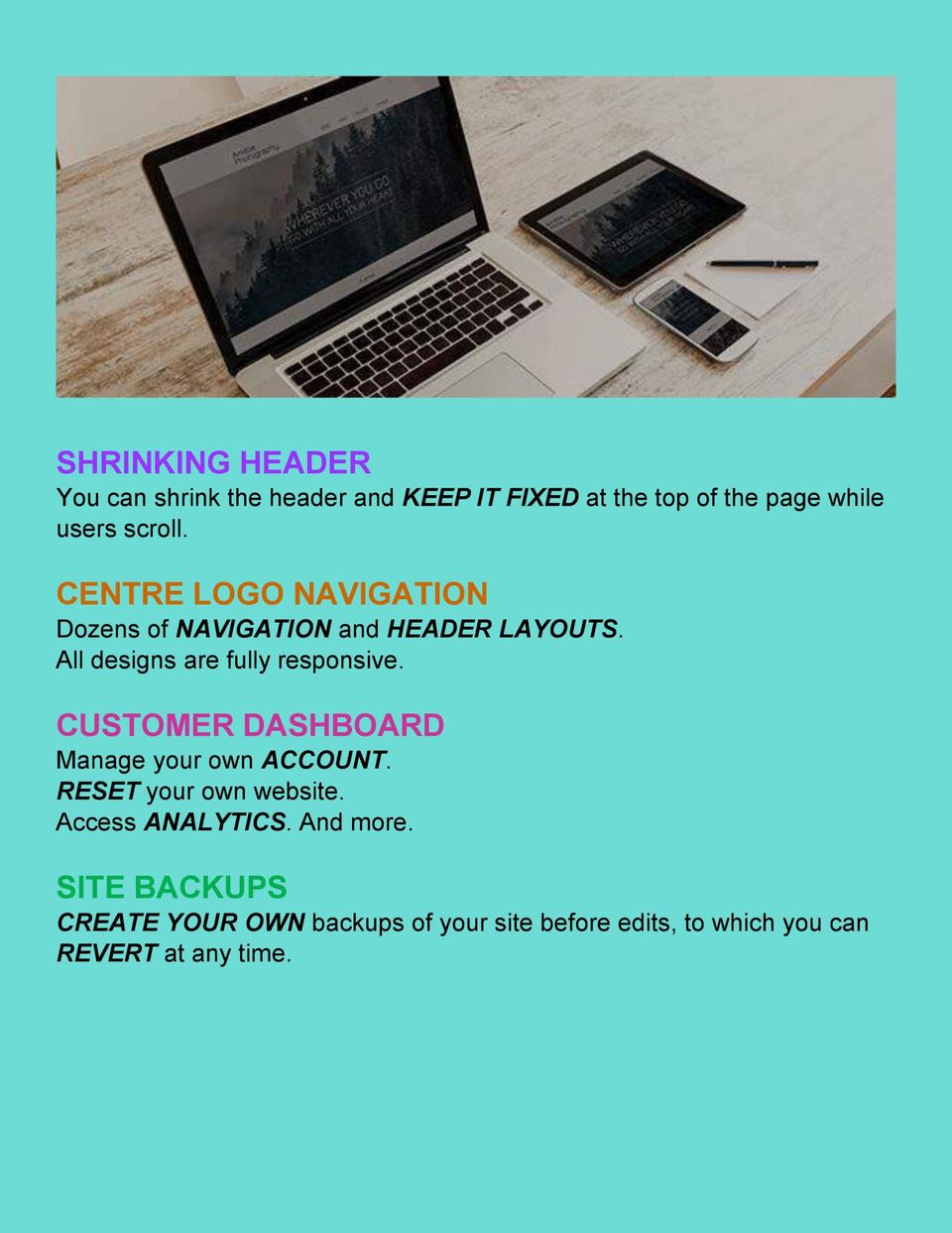 Why Churchweb Support? Shrinking header, Centre logo navigation, Customer dashboard, Site backups