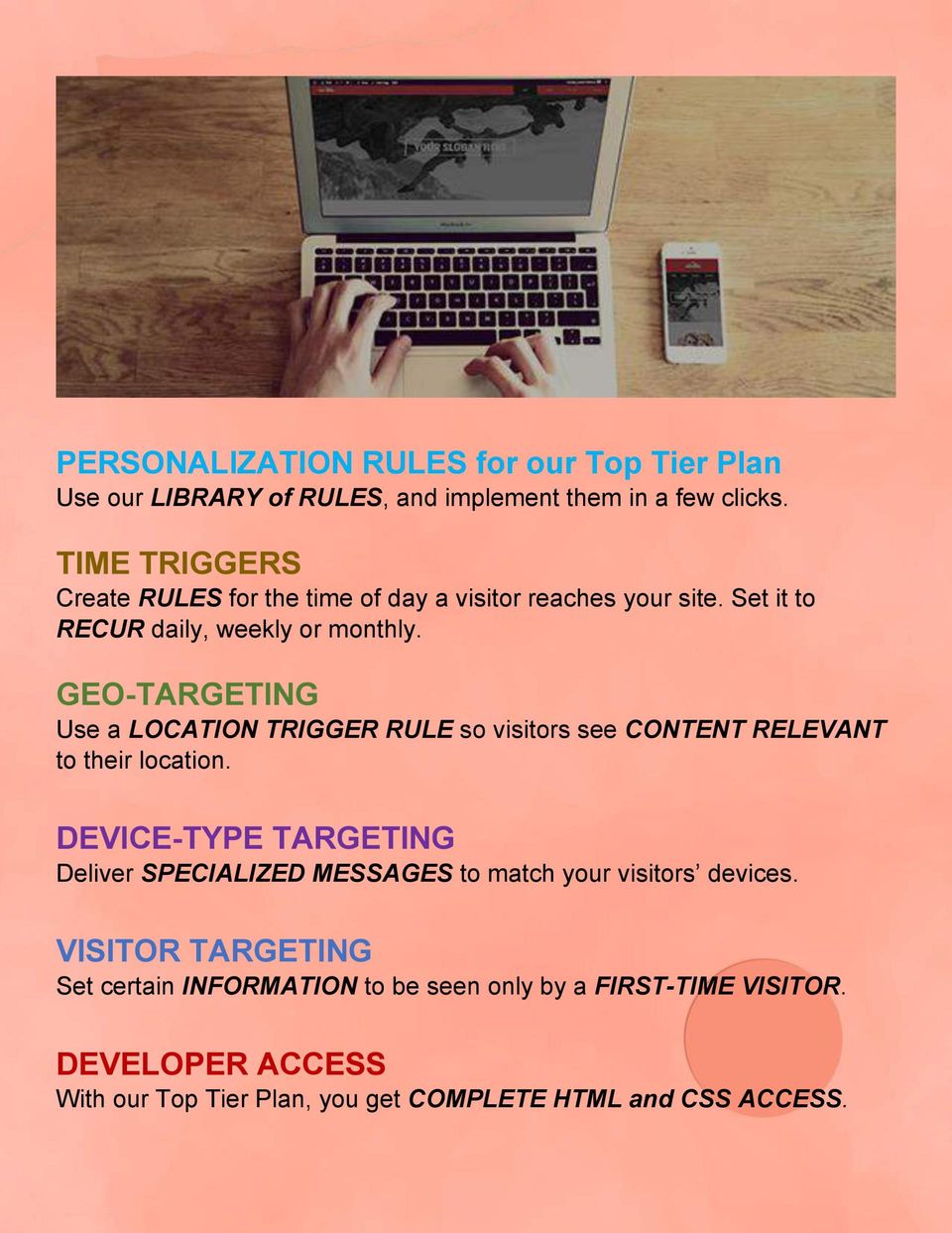 Why Churchweb Support? Personalization rules for our top tier plan, Time triggers, Geo-targeting, Device-type targeting, Visitor targeting, Developer access