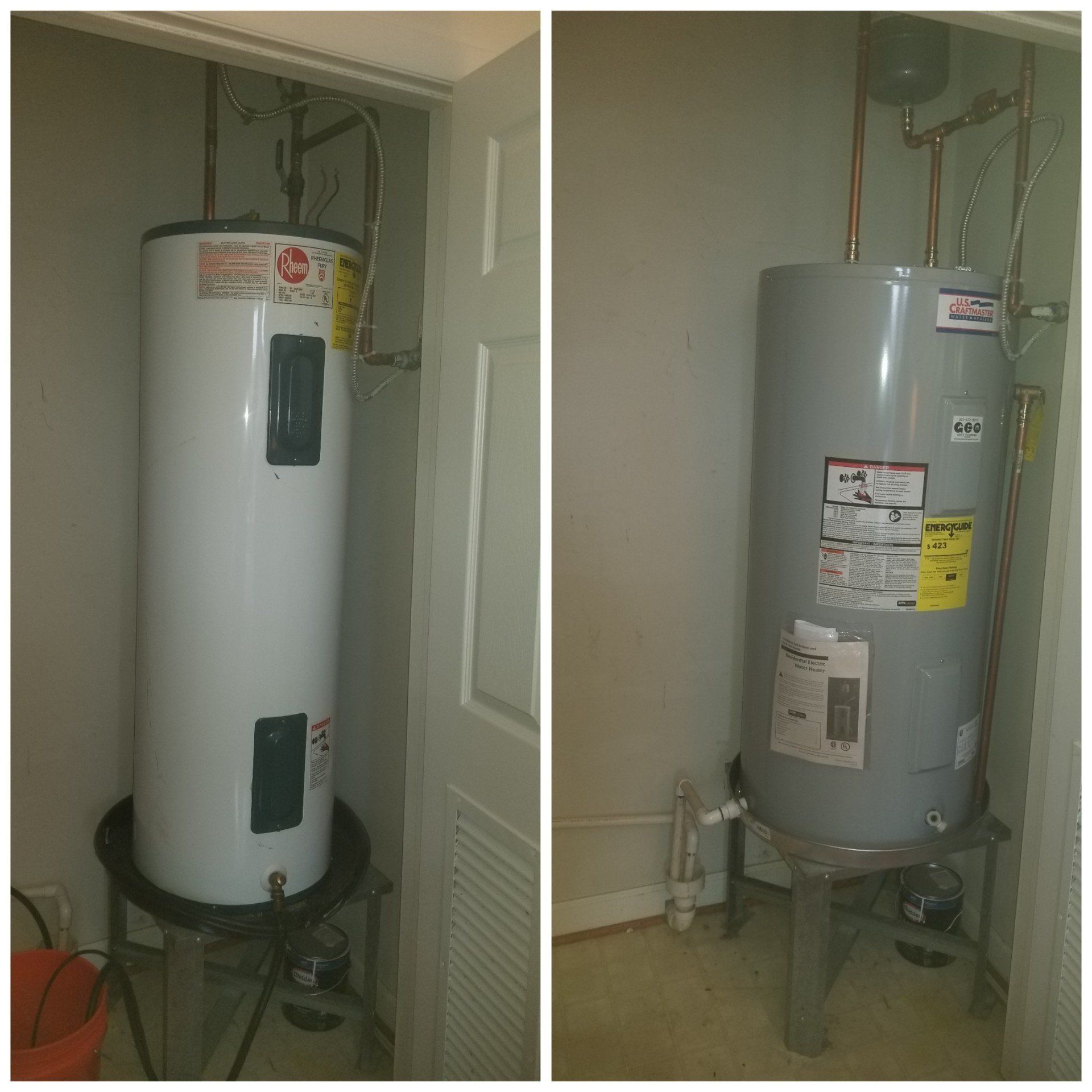 Two pictures of a water heater in a room
