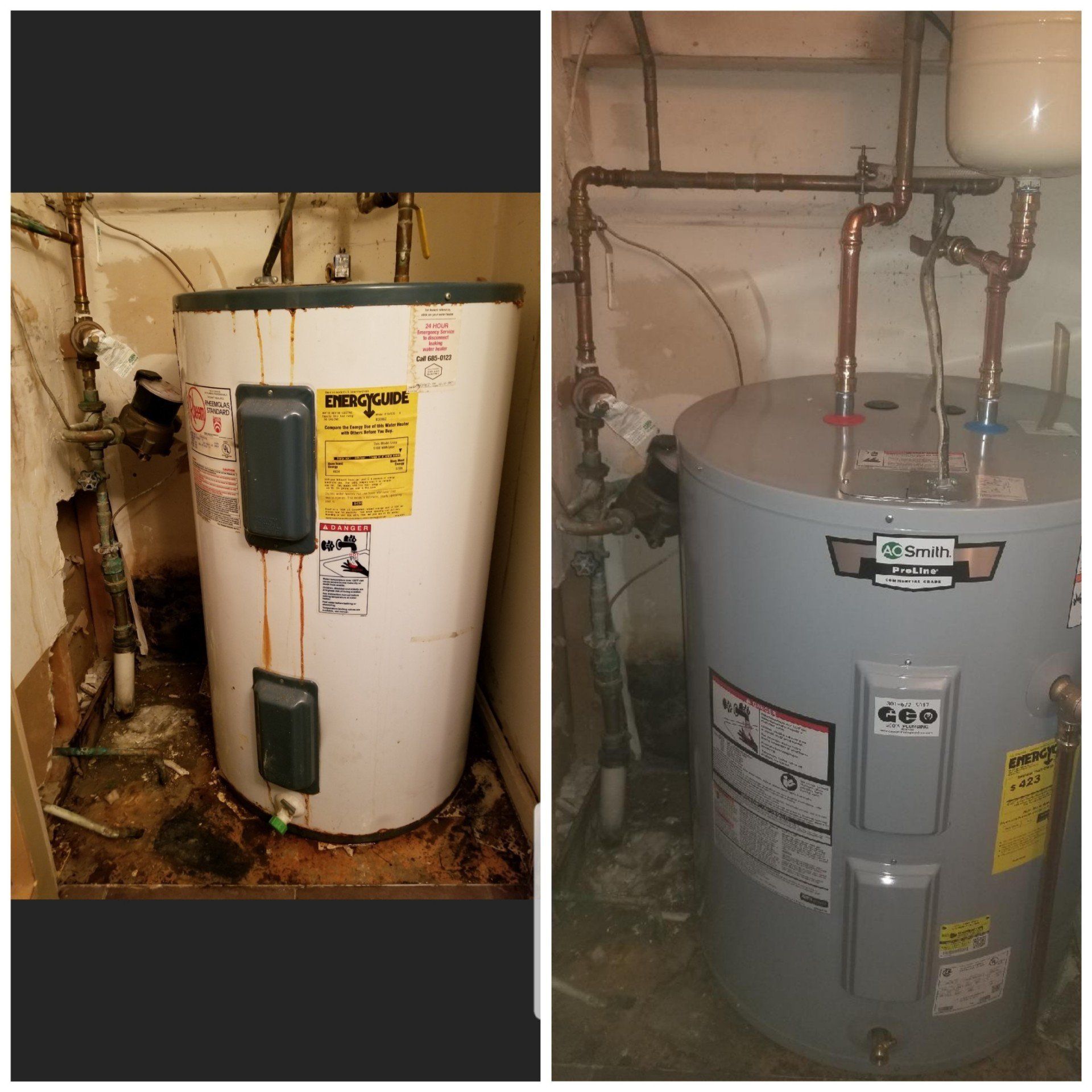A before and after picture of a water heater