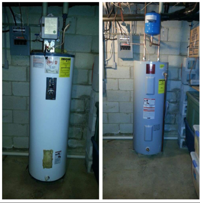 Two pictures of a water heater in a basement