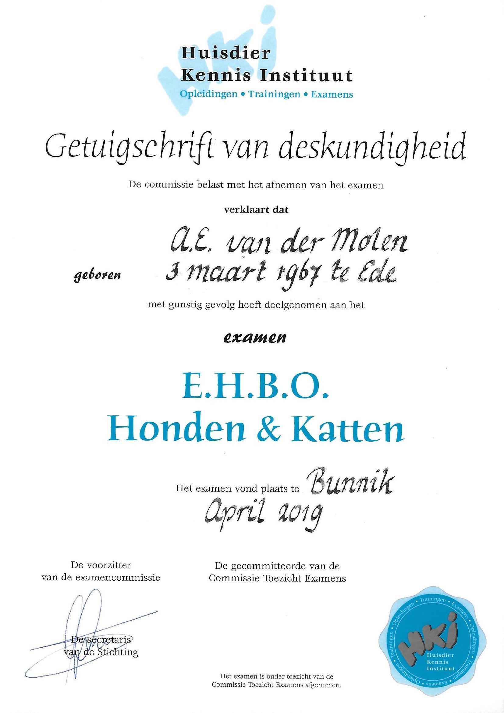 getuigschrift EHBO honden en katten