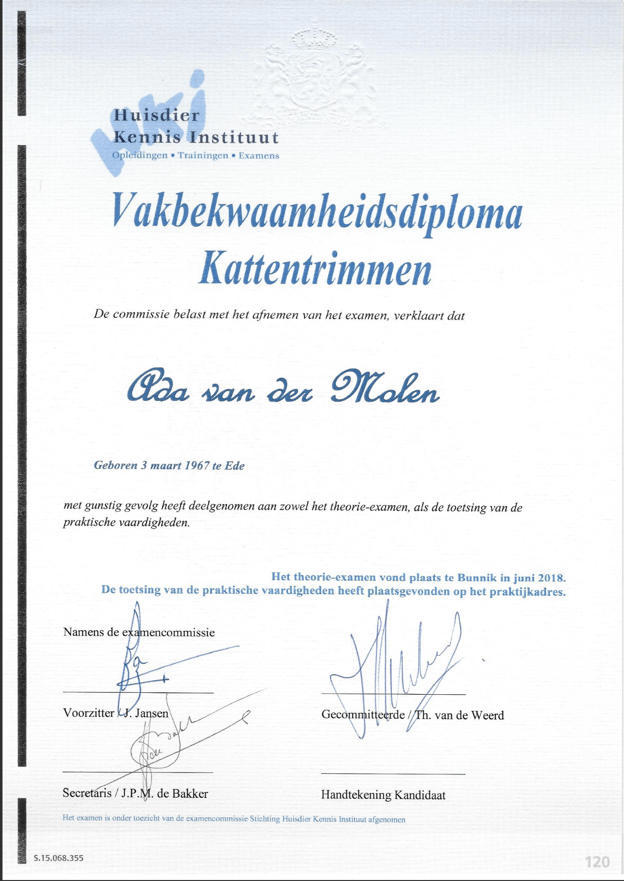 vakbekwaamheidsdiploma kattentrimmen HKI