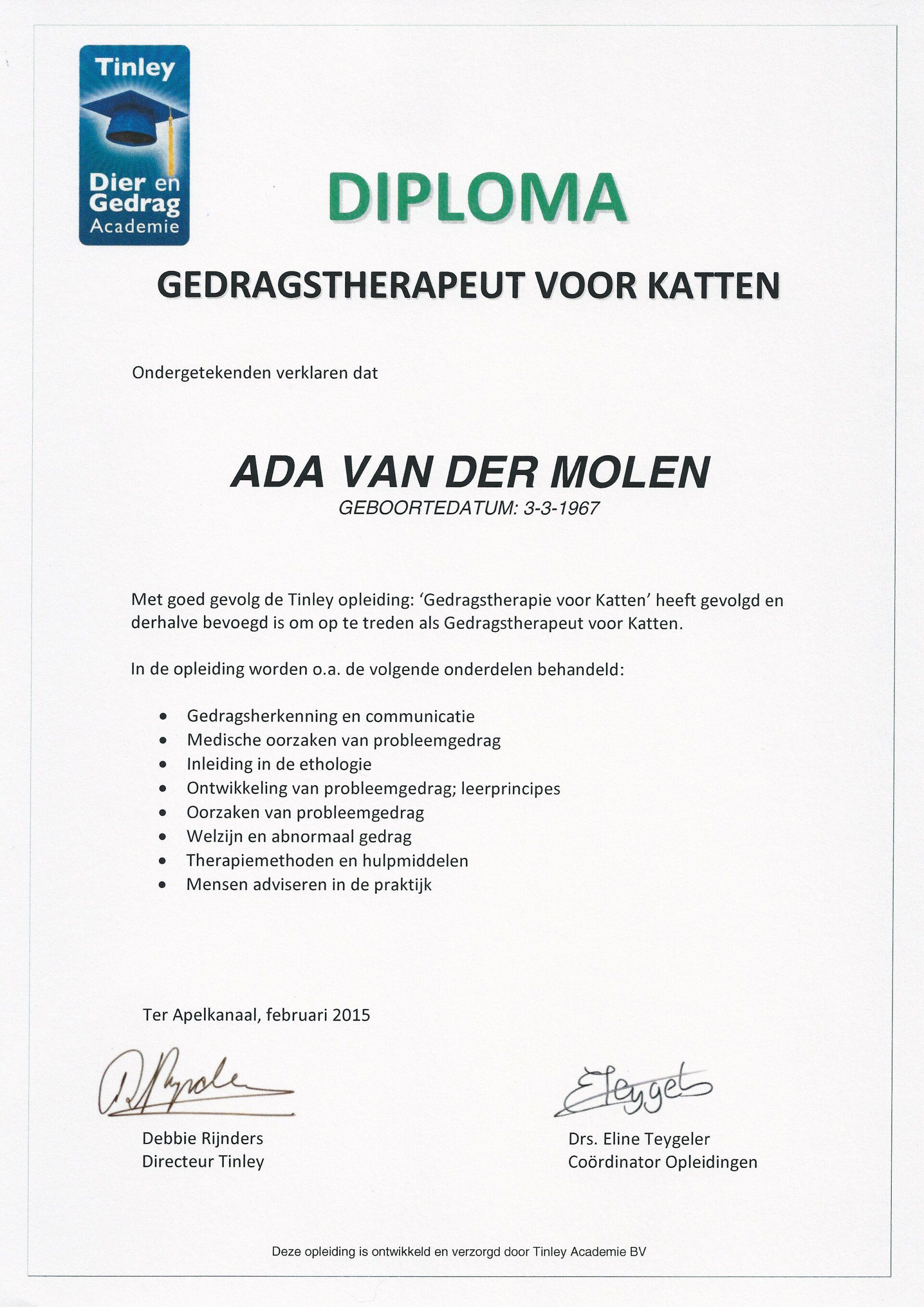 Tinley diploma gedragstherapie voor katten
