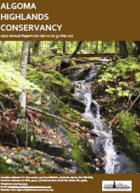 Algoma Highlands Conservancy annual report cover with a forest waterfall and stream