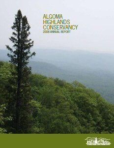 Algoma Highlands Conservancy annual report cover with forested hills and a lone tree