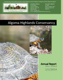 Algoma Highlands Conservancy annual report cover with turtle and frog photos on green background