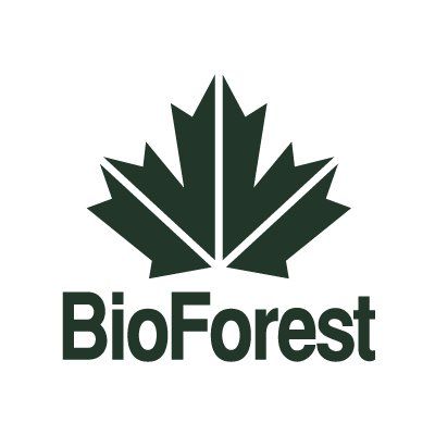 Logo for BioForest, dark green maple leaf above the word 