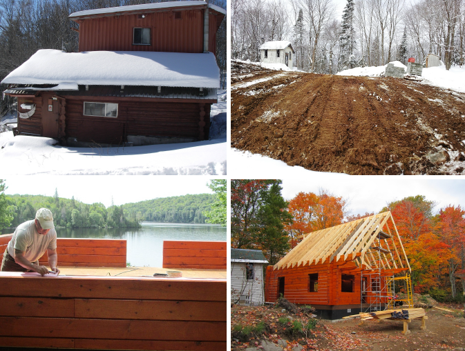 Four images: cabin in snow, cleared land, man on deck near lake, cabin under construction in autumn.