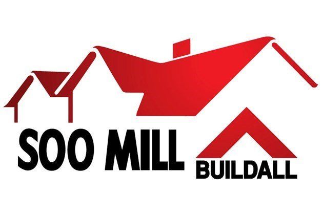 Soo Mill Buildall logo with red roof design, black text on white.