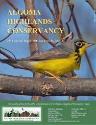 Algoma Highlands Conservancy annual report cover with yellow bird on branch and forest backdrop