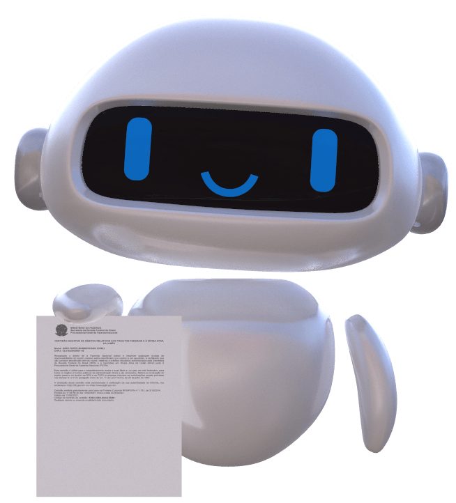 Robô branco sorridente segurando um documento, com olhos azuis e boca curvada.