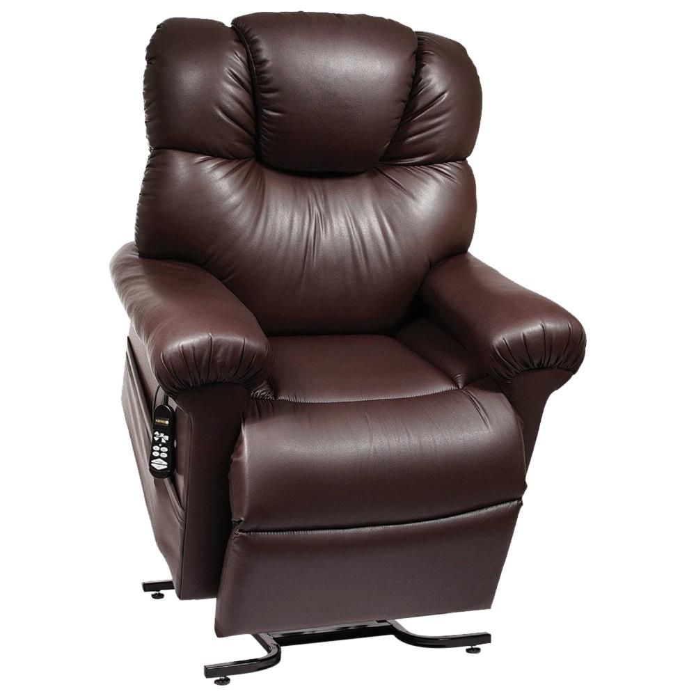 A brown leather recliner with a remote control on it
