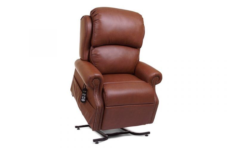 A brown leather recliner with a remote control on a white background.