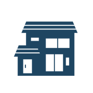 Blue house icon with a door, windows, and roof.