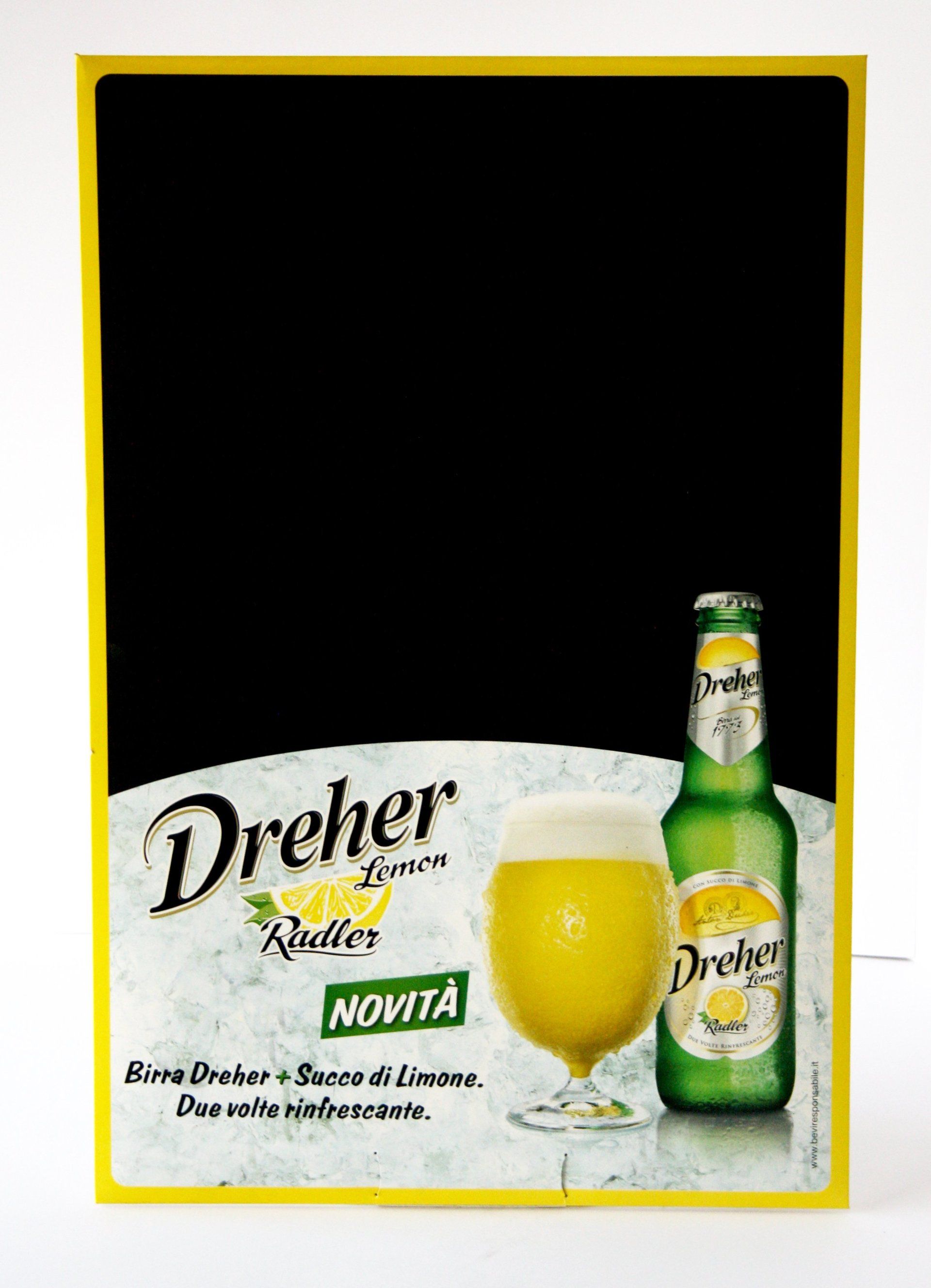 Pubblicità della birra Radler al limone Dreher con bottiglia e bicchiere, sfondo giallo e nero.