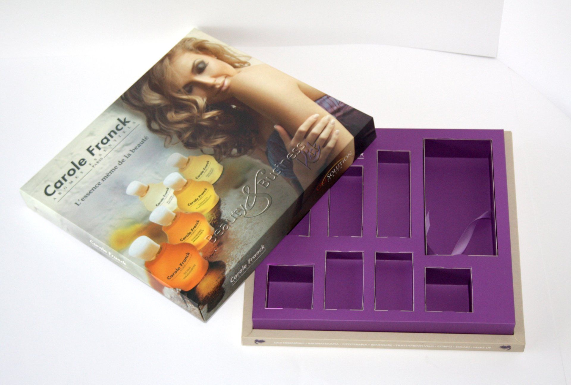 Scatola regalo per cosmetici aperta con interno viola, coperchio stampato con donna e flaconi di prodotto.