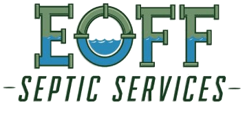 Logo for EOFF Septic Services. Green and blue pipes form the letters EOFF, with text