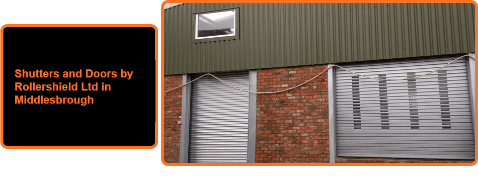 For shutter installation in Middlesbrough call Rollershield Ltd Two steel roller shutter doors on a warehouse frontage