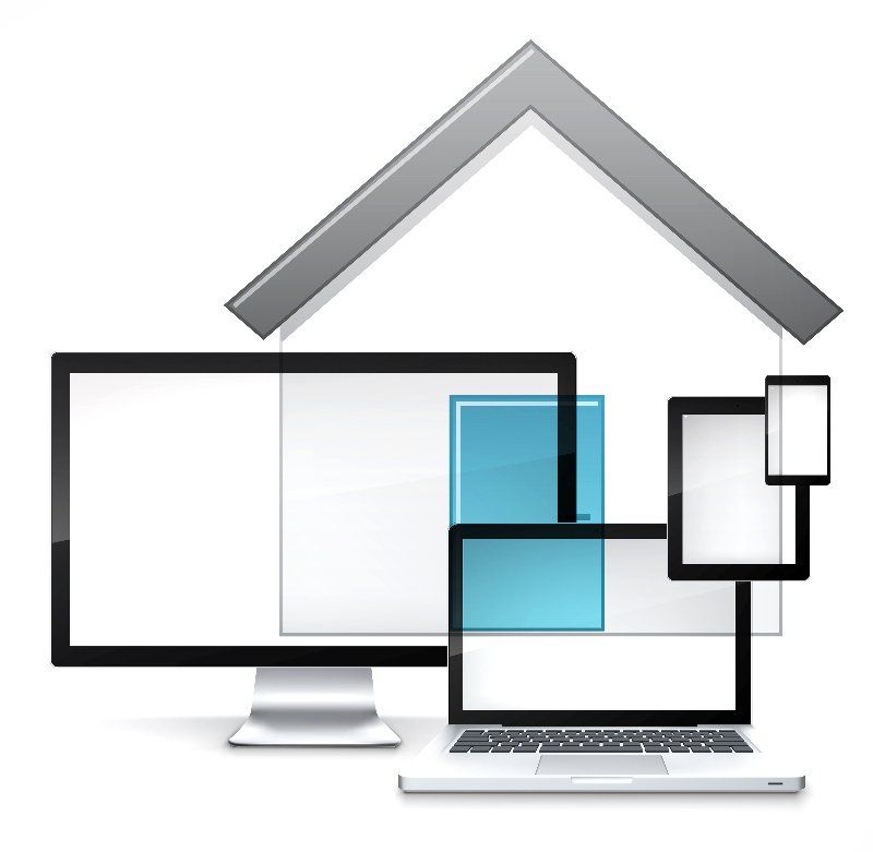 Ein Computermonitor, ein Laptop und ein Mobiltelefon haben die Form eines Hauses