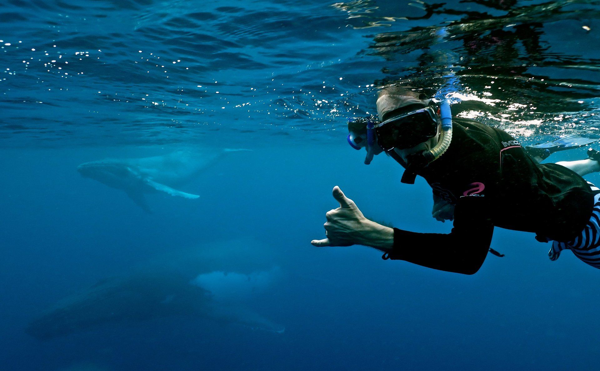 Happy shot of a snorkeler with a mum and bub in the background