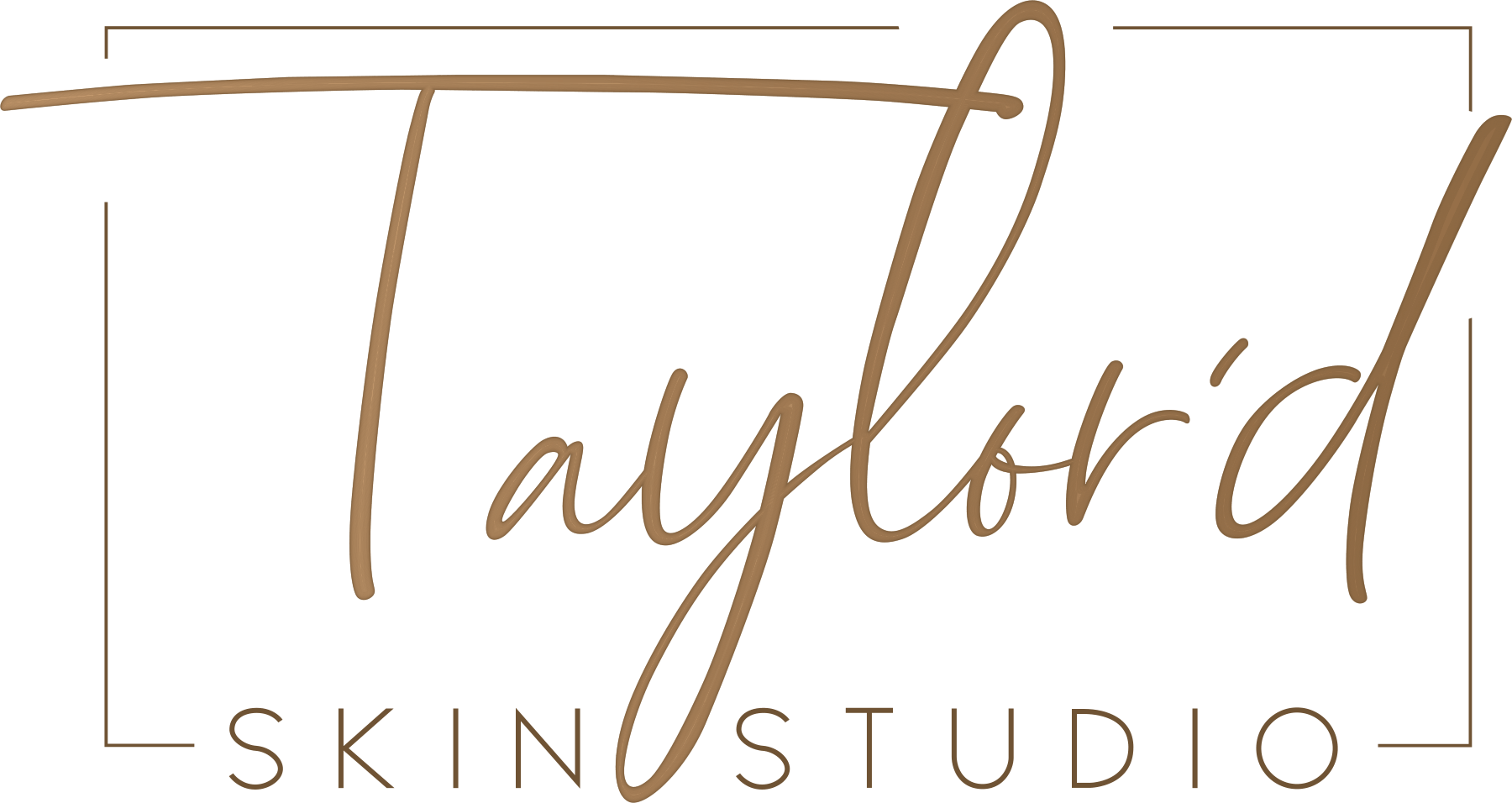 Taylor'd Skin Studio logo in gold cursive within a thin rectangular border, with