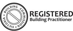 A black and white logo for a registered building practitioner.