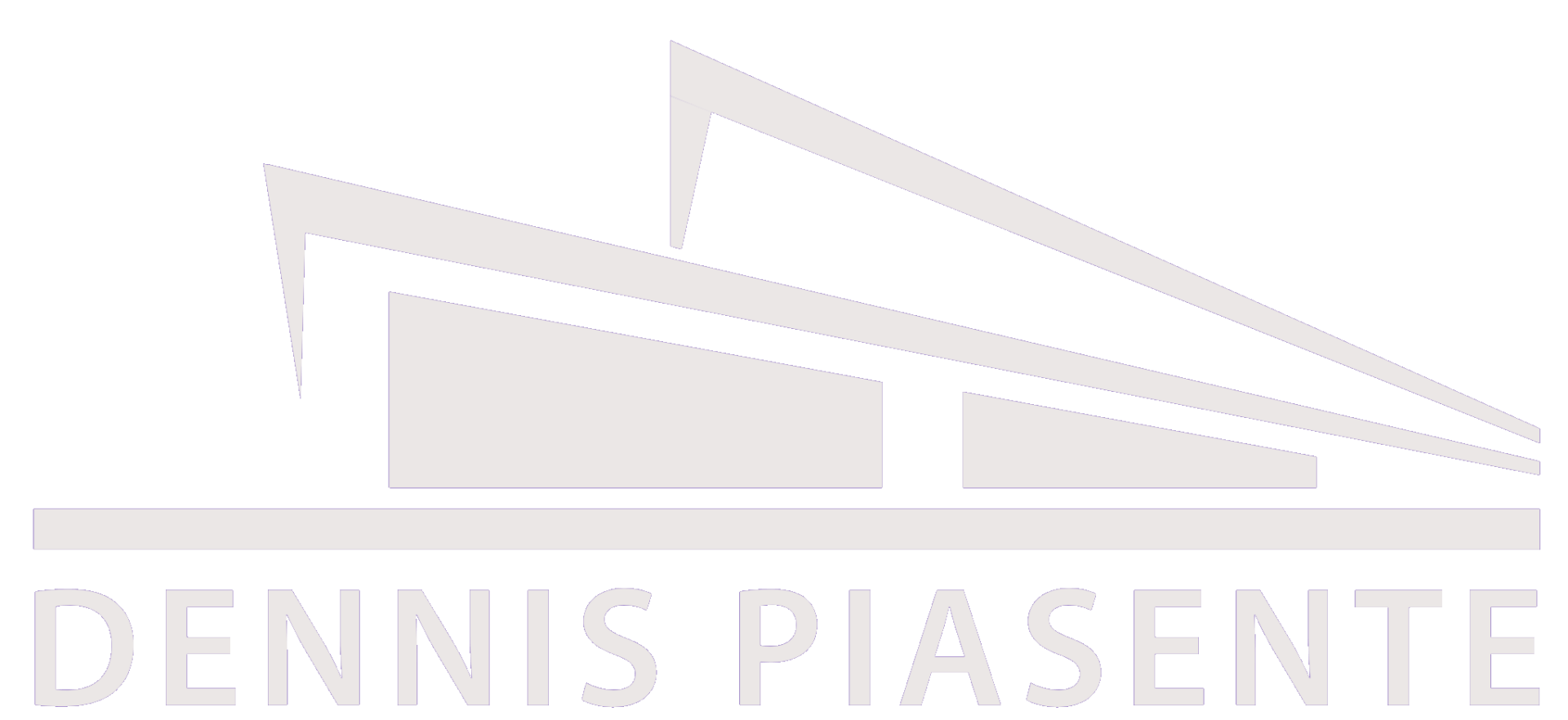 A white logo for dennis piasente with a building in the background.