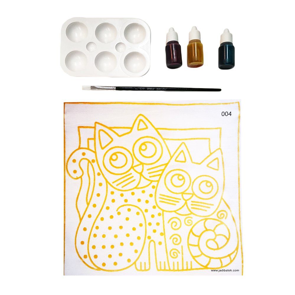 Painting kit with cat outline, palette, paints, brush, and canvas.
