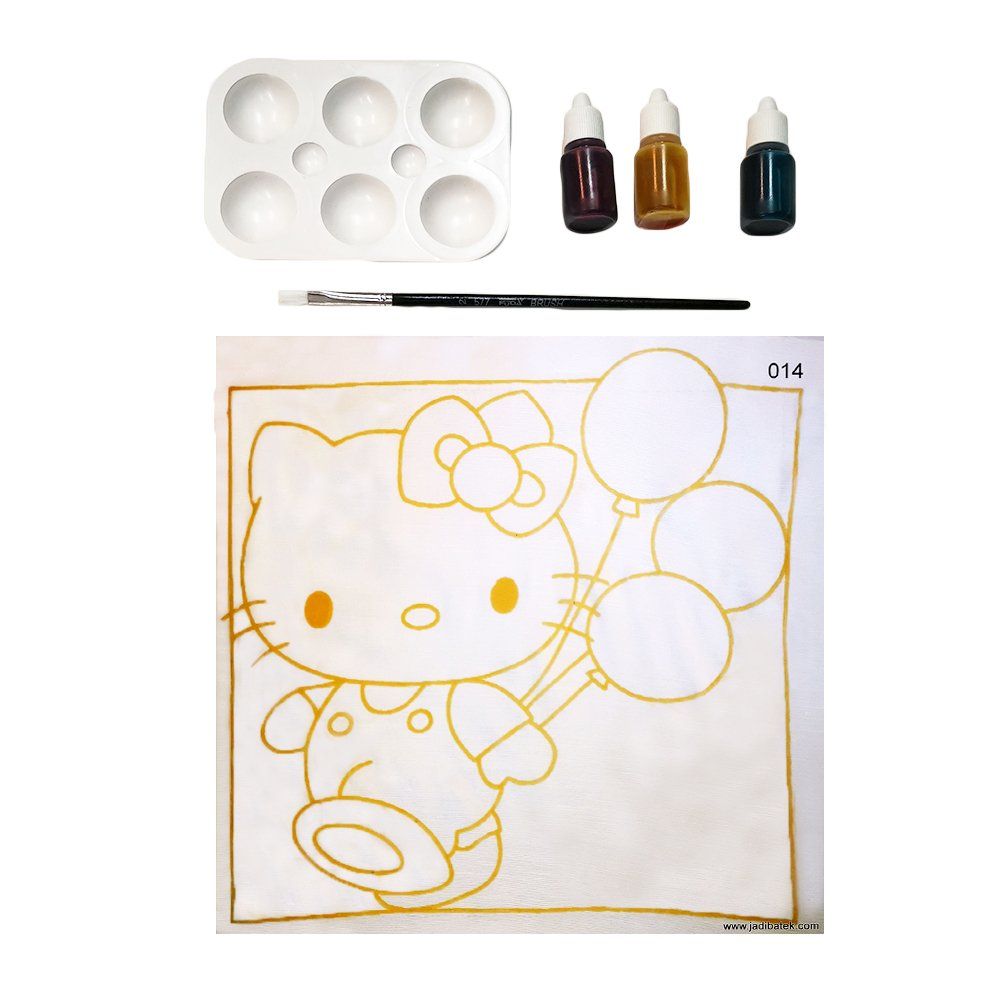 Painting kit with Hello Kitty outline, paint palette, brushes, and three ink colors.