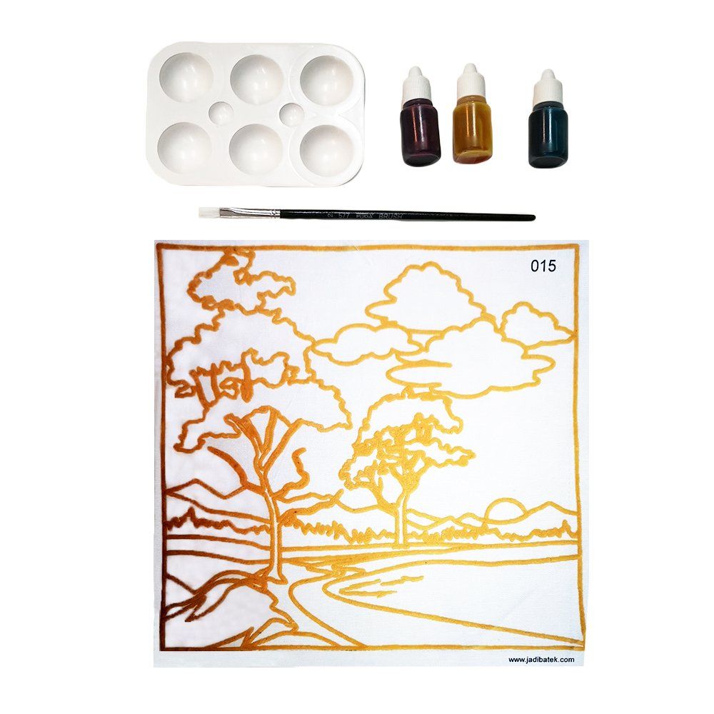 Art kit with a landscape outline, paint palette, paint bottles, and brush.