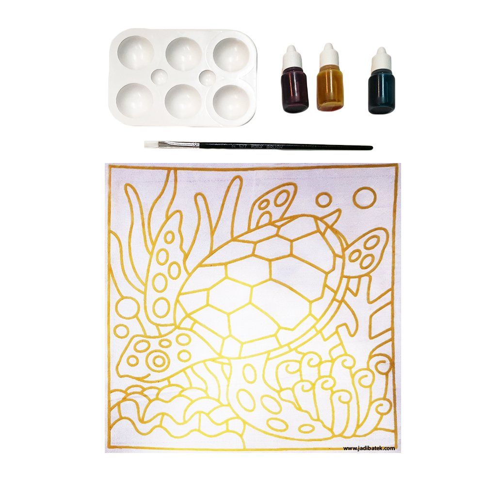 Sea turtle batik painting kit with paint, brush, and palette.