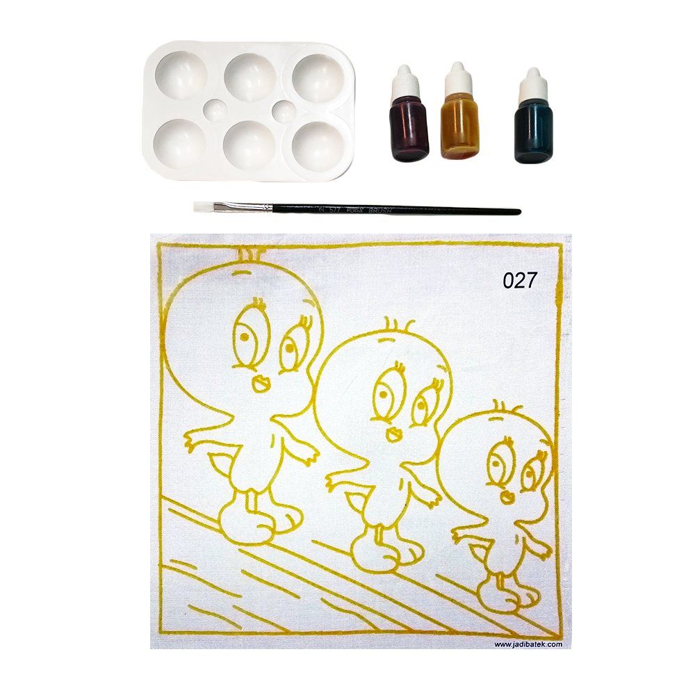 Paint-by-numbers kit with a Tweety Bird outline, paint palette, brushes, and three paint colors.