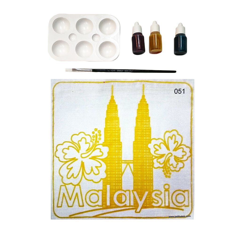 Paint-your-own kit with a drawing of Malaysia's Petronas Towers and hibiscus flowers.