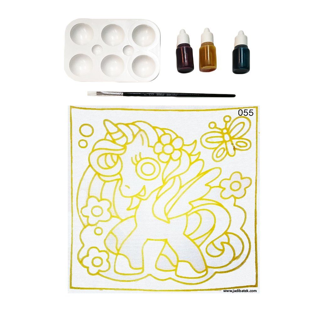 Unicorn paint kit: gold outline, palette, paints (burgundy, brown, blue), brush.