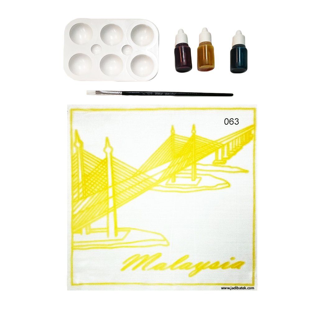 Paint-by-number kit: Bridge outline with Malaysia text, paint palette, brushes and paint bottles.
